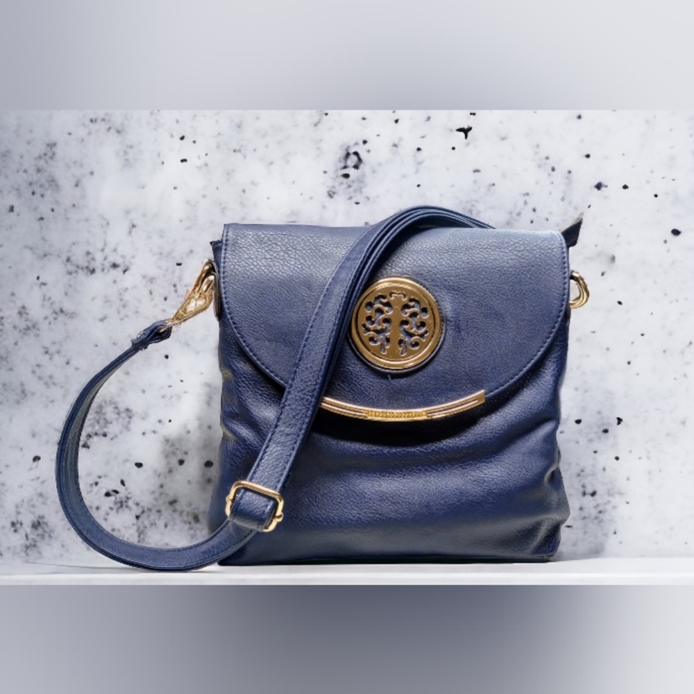 Navy Vegan Leather Crossbody Bag with Gold Medallion